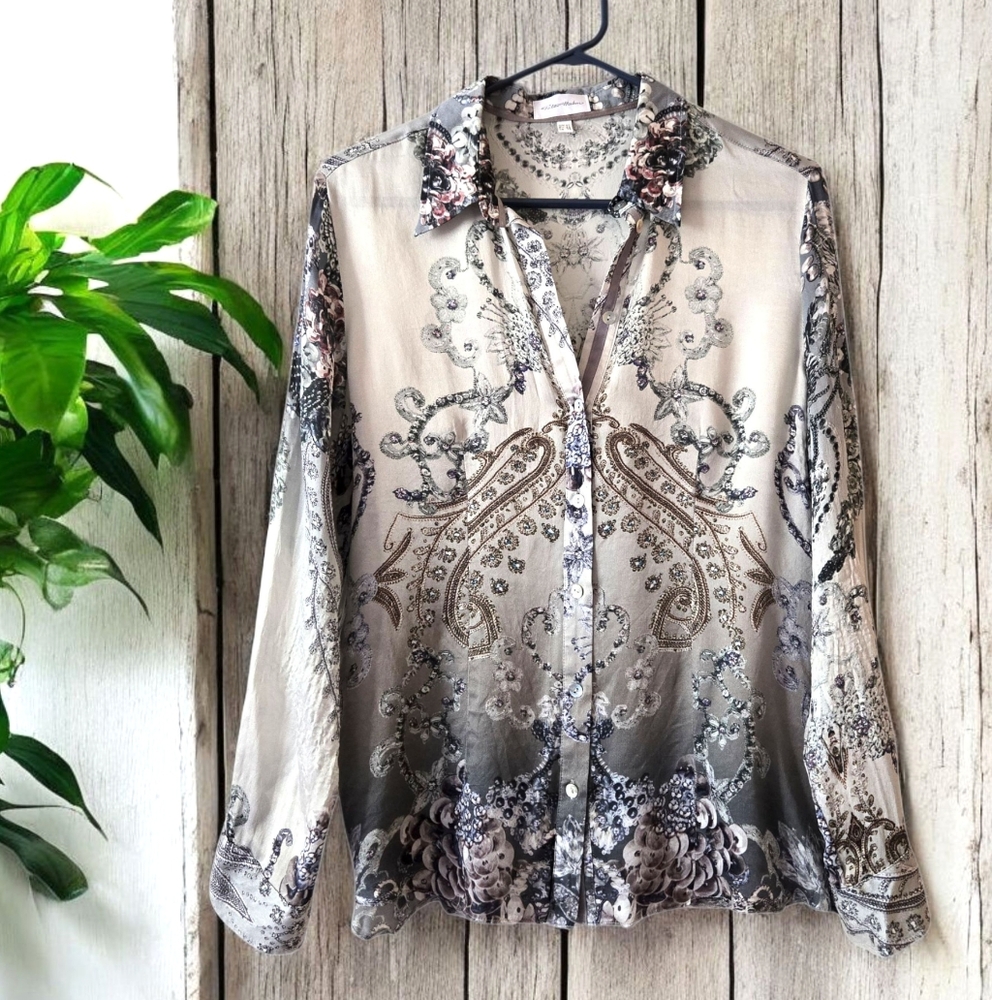 Peter Hahn Silk Shirt Neutral Semisheer Ombre Paisley Button Up Classic/14